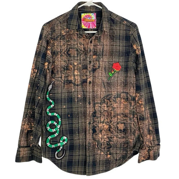 Handmade Boho Flannel Shirt Floral Stencil Bleached Plaid Womens XS Small Snake - Picture 1 of 9